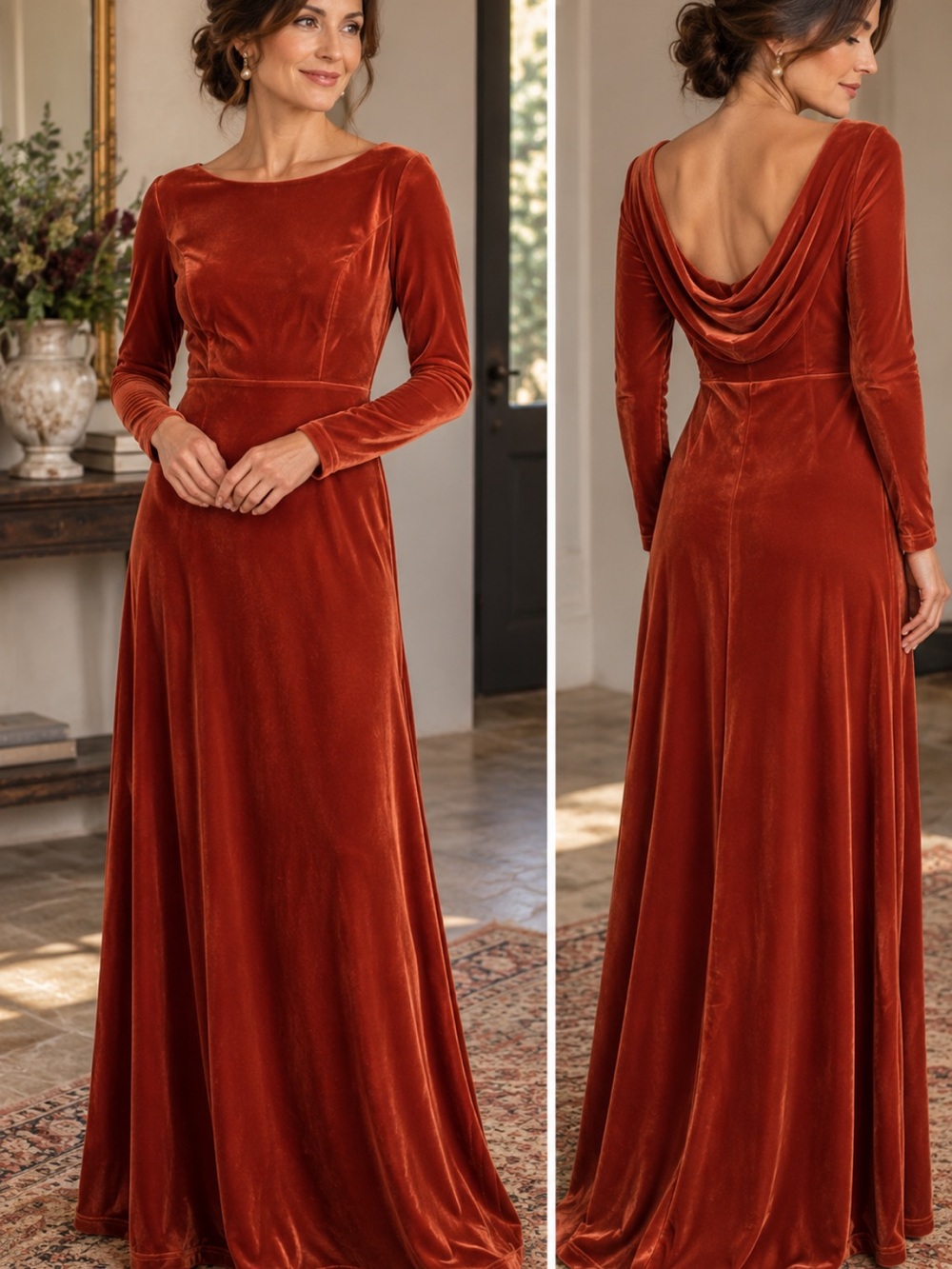 SHEIN Rust Velvet Long-Sleeve Cowl-Back Maxi Dress Gown NWT